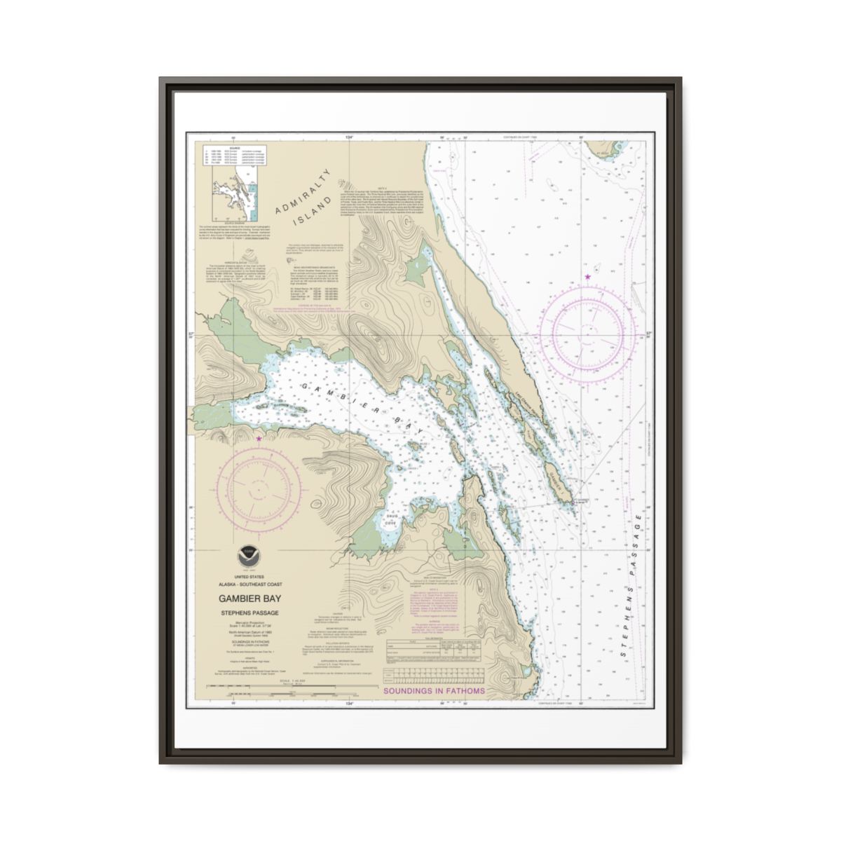 Chart 17362 Gambier Bay, Stephens Passage - NOAA Nautical Chart Floating Frame Canvas | 24" x 32" | 30" x 40" - Espresso front