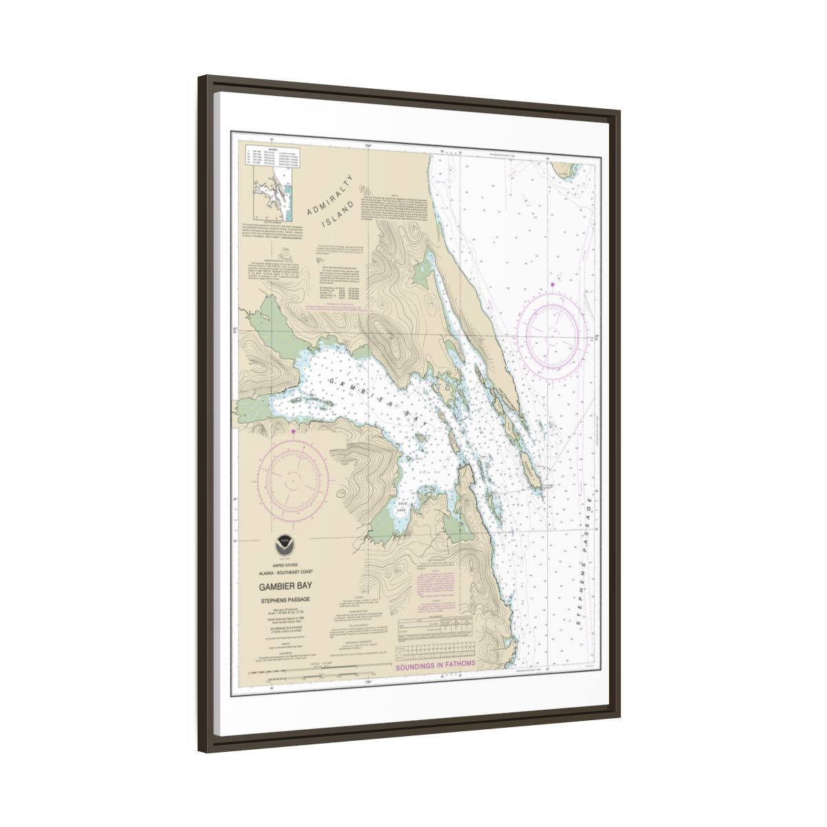 Chart 17362 Gambier Bay, Stephens Passage - NOAA Nautical Chart Floating Frame Canvas | 24" x 32" | 30" x 40" - Espresso side