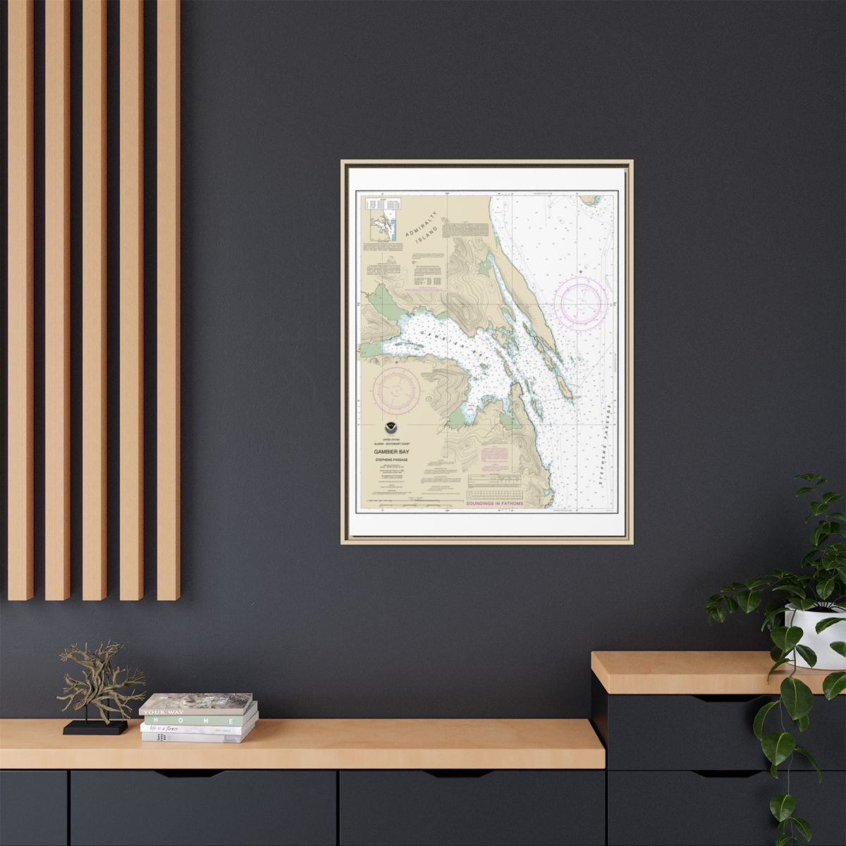 Chart 17362 Gambier Bay, Stephens Passage - NOAA Nautical Chart Floating Frame Canvas | 24" x 32" | 30" x 40" - Natural context-2