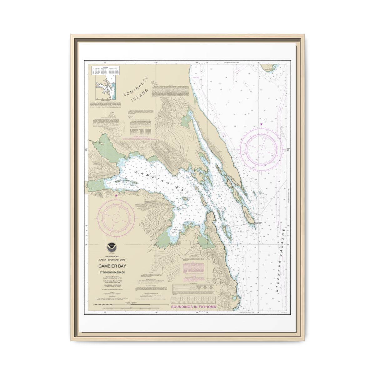 Chart 17362 Gambier Bay, Stephens Passage - NOAA Nautical Chart Floating Frame Canvas | 24" x 32" | 30" x 40" - Natural front