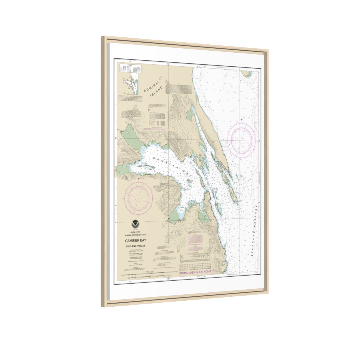 Chart 17362 Gambier Bay, Stephens Passage - NOAA Nautical Chart Floating Frame Canvas | 24" x 32" | 30" x 40" - Natural side