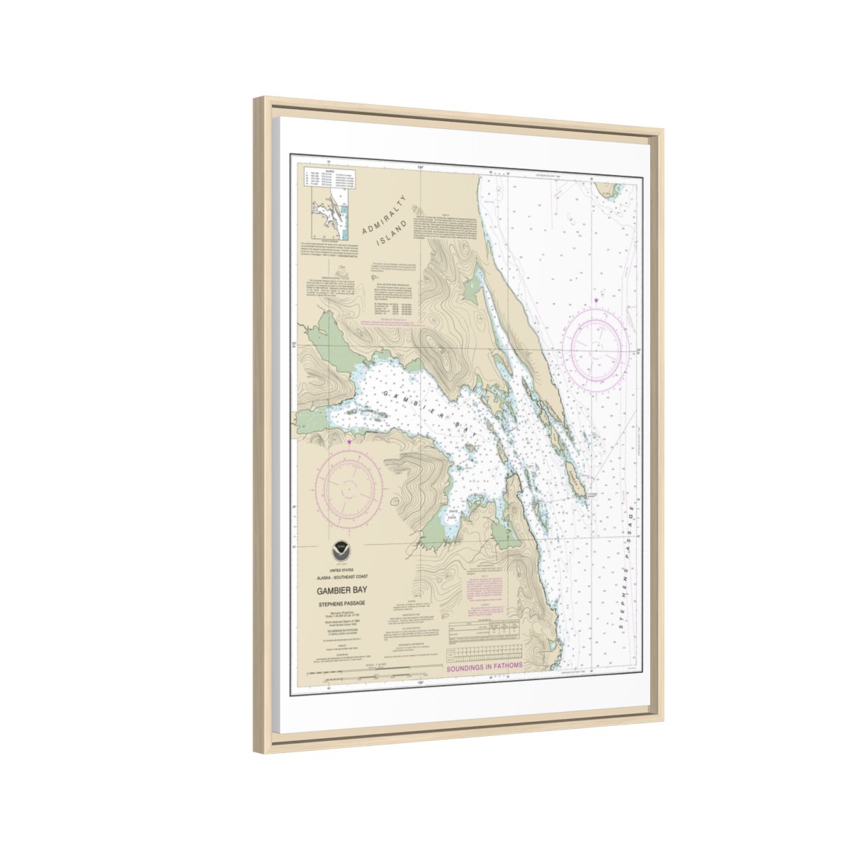 Chart 17362 Gambier Bay, Stephens Passage - NOAA Nautical Chart Floating Frame Canvas | 24" x 32" | 30" x 40" - Natural side
