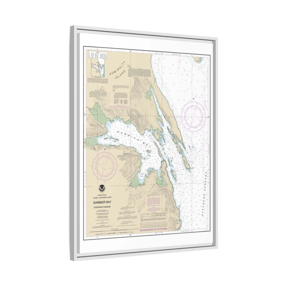 Chart 17362 Gambier Bay, Stephens Passage - NOAA Nautical Chart Floating Frame Canvas | 24" x 32" | 30" x 40" - White side