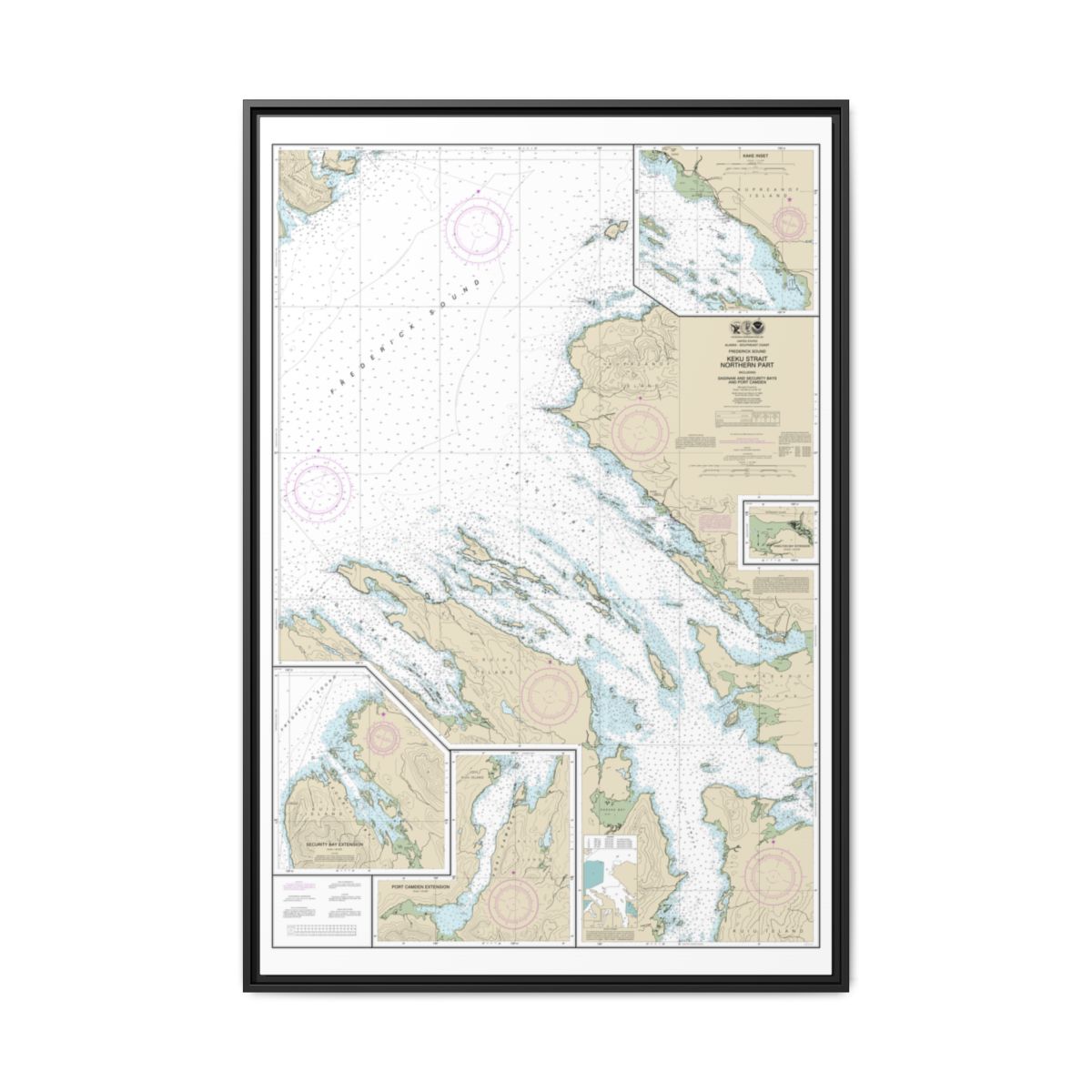 Chart 17368 Keku Strait-northern part, including Saginaw and Security Bays and Port Camden;Kake Inset - NOAA Nautical Chart Floating Frame Canvas | 20" x 30" | 24" x 36" | 32" x 48" - Black front