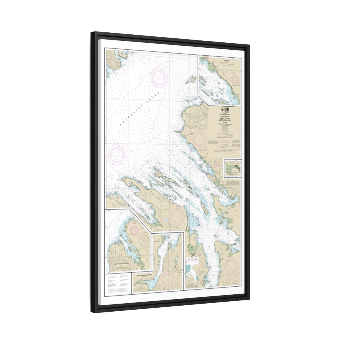 Chart 17368 Keku Strait-northern part, including Saginaw and Security Bays and Port Camden;Kake Inset - NOAA Nautical Chart Floating Frame Canvas | 20" x 30" | 24" x 36" | 32" x 48" - Black side