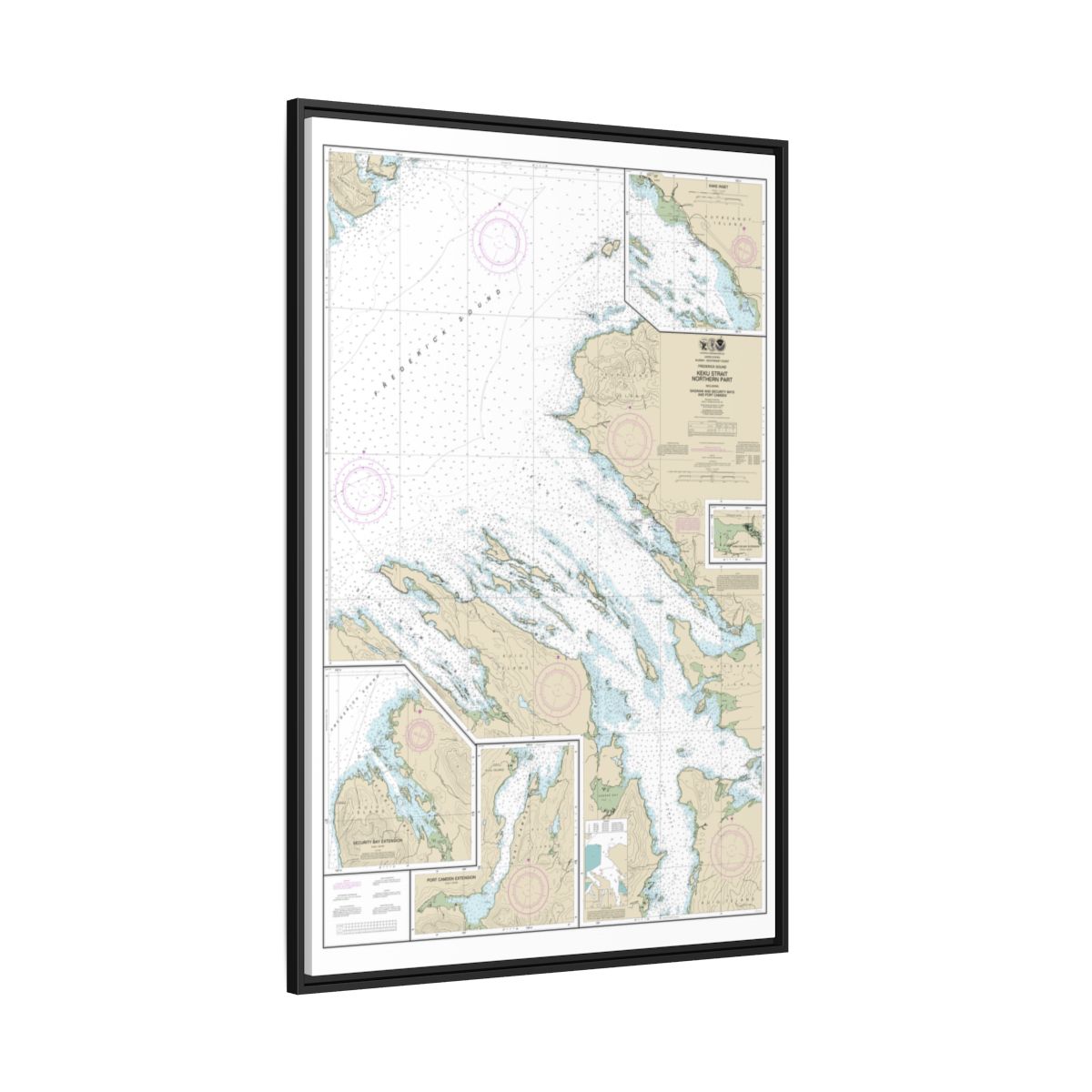Chart 17368 Keku Strait-northern part, including Saginaw and Security Bays and Port Camden;Kake Inset - NOAA Nautical Chart Floating Frame Canvas | 20" x 30" | 24" x 36" | 32" x 48" - Black side