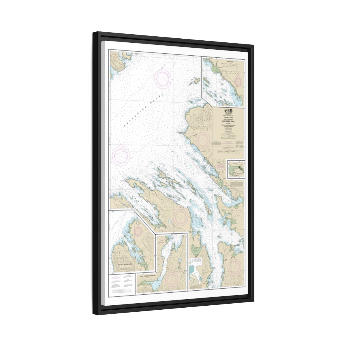 Chart 17368 Keku Strait-northern part, including Saginaw and Security Bays and Port Camden;Kake Inset - NOAA Nautical Chart Floating Frame Canvas | 20" x 30" | 24" x 36" | 32" x 48" - Black side