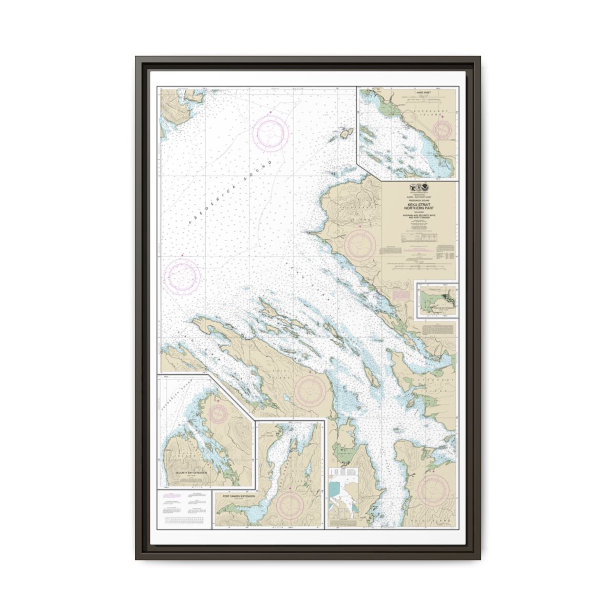 Chart 17368 Keku Strait-northern part, including Saginaw and Security Bays and Port Camden;Kake Inset - NOAA Nautical Chart Floating Frame Canvas | 20" x 30" | 24" x 36" | 32" x 48" - Espresso front