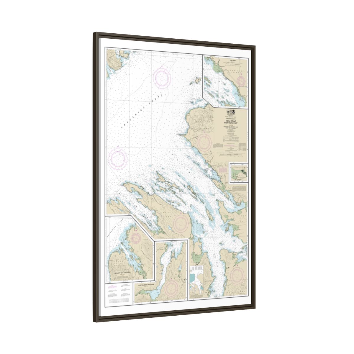 Chart 17368 Keku Strait-northern part, including Saginaw and Security Bays and Port Camden;Kake Inset - NOAA Nautical Chart Floating Frame Canvas | 20" x 30" | 24" x 36" | 32" x 48" - Espresso side