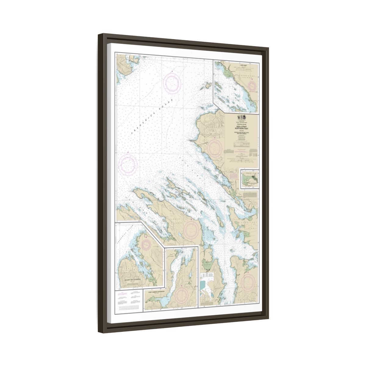 Chart 17368 Keku Strait-northern part, including Saginaw and Security Bays and Port Camden;Kake Inset - NOAA Nautical Chart Floating Frame Canvas | 20" x 30" | 24" x 36" | 32" x 48" - Espresso side