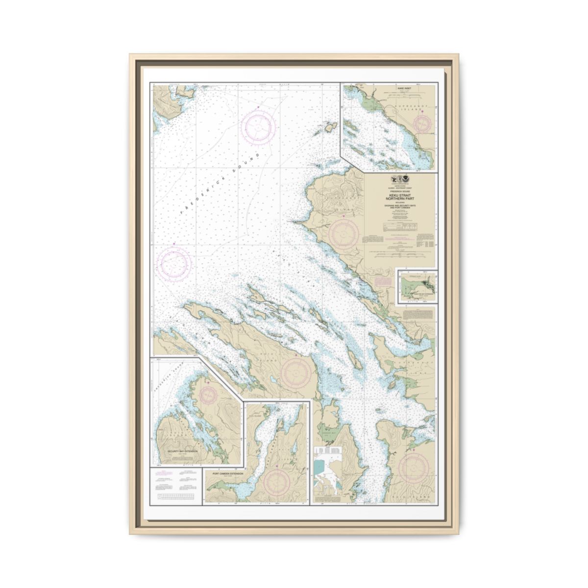 Chart 17368 Keku Strait-northern part, including Saginaw and Security Bays and Port Camden;Kake Inset - NOAA Nautical Chart Floating Frame Canvas | 20" x 30" | 24" x 36" | 32" x 48" - Natural front