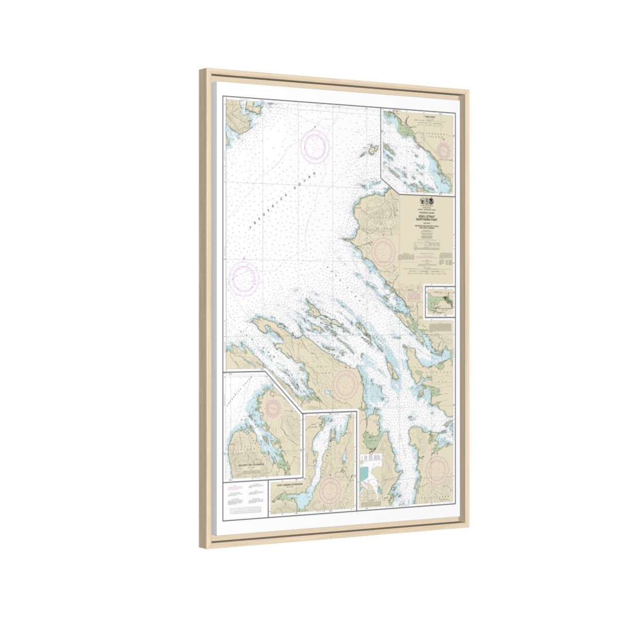 Chart 17368 Keku Strait-northern part, including Saginaw and Security Bays and Port Camden;Kake Inset - NOAA Nautical Chart Floating Frame Canvas | 20" x 30" | 24" x 36" | 32" x 48" - Natural side