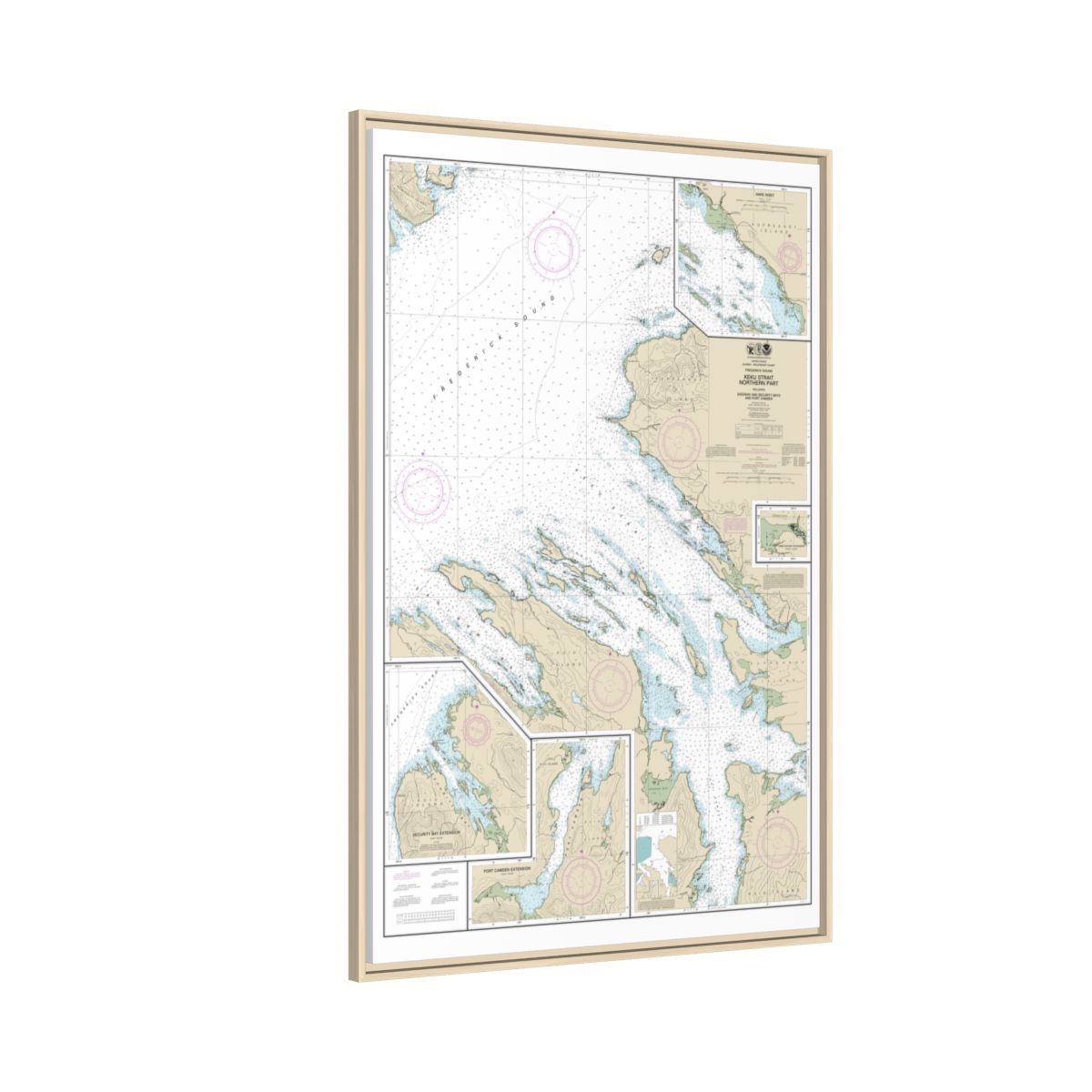 Chart 17368 Keku Strait-northern part, including Saginaw and Security Bays and Port Camden;Kake Inset - NOAA Nautical Chart Floating Frame Canvas | 20" x 30" | 24" x 36" | 32" x 48" - Natural side