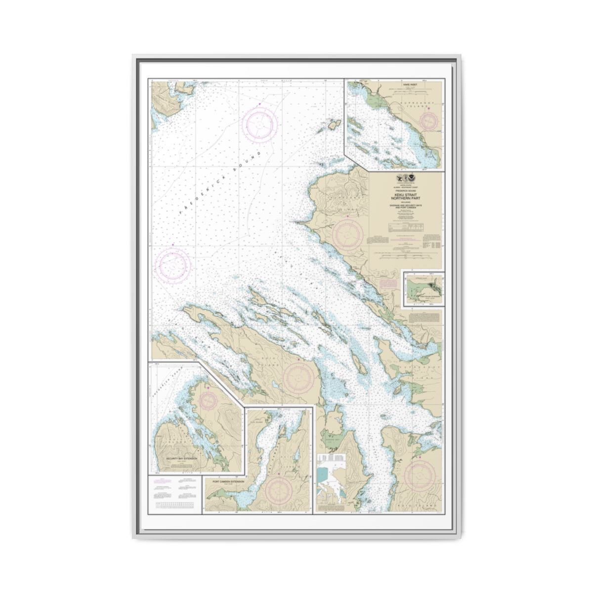 Chart 17368 Keku Strait-northern part, including Saginaw and Security Bays and Port Camden;Kake Inset - NOAA Nautical Chart Floating Frame Canvas | 20" x 30" | 24" x 36" | 32" x 48" - White front
