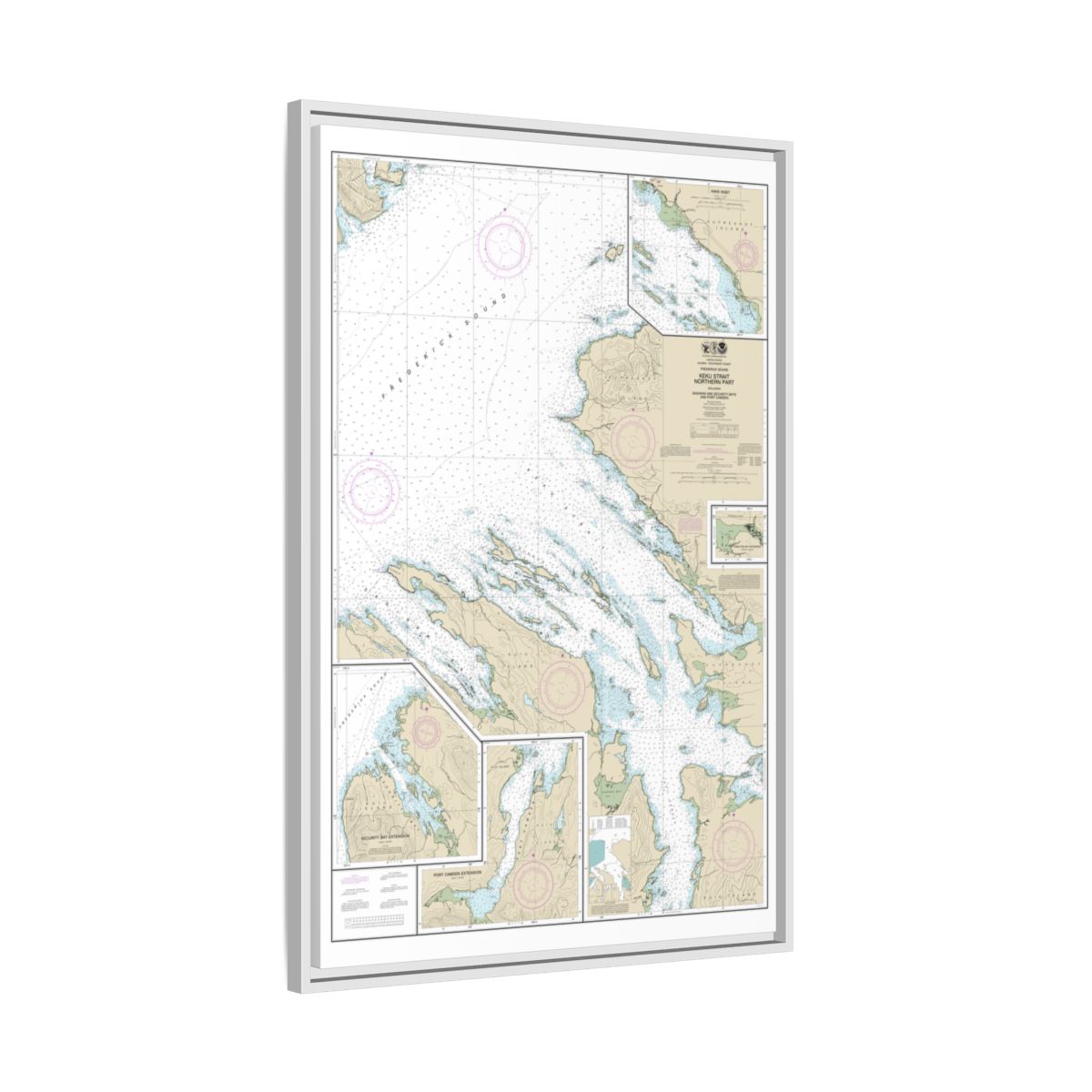 Chart 17368 Keku Strait-northern part, including Saginaw and Security Bays and Port Camden;Kake Inset - NOAA Nautical Chart Floating Frame Canvas | 20" x 30" | 24" x 36" | 32" x 48" - White side