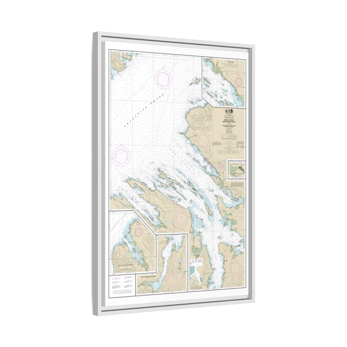 Chart 17368 Keku Strait-northern part, including Saginaw and Security Bays and Port Camden;Kake Inset - NOAA Nautical Chart Floating Frame Canvas | 20" x 30" | 24" x 36" | 32" x 48" - White side