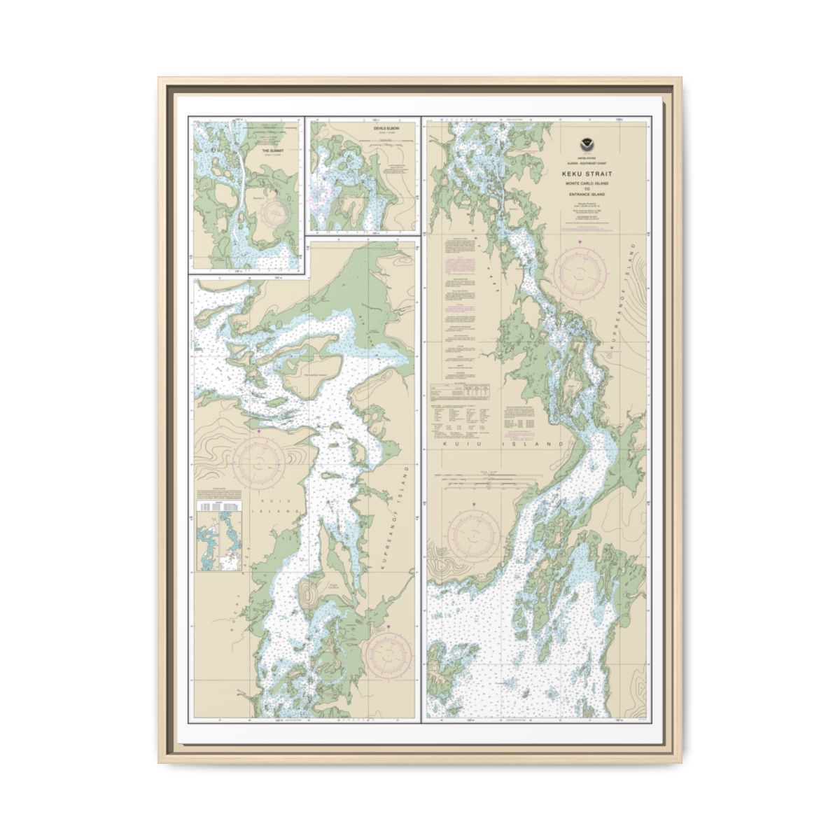 Chart 17372 Keku Strait-Monte Carlo Island to Entrance Island;The Summit;Devils Elbow - NOAA Nautical Chart Floating Frame Canvas | 24" x 32" | 30" x 40" - Natural front
