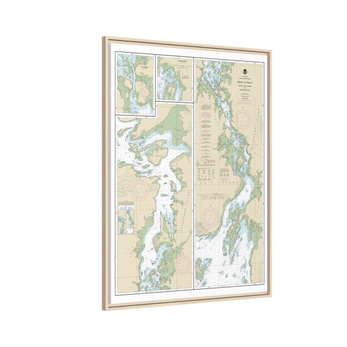 Chart 17372 Keku Strait-Monte Carlo Island to Entrance Island;The Summit;Devils Elbow - NOAA Nautical Chart Floating Frame Canvas | 24" x 32" | 30" x 40" - Natural side