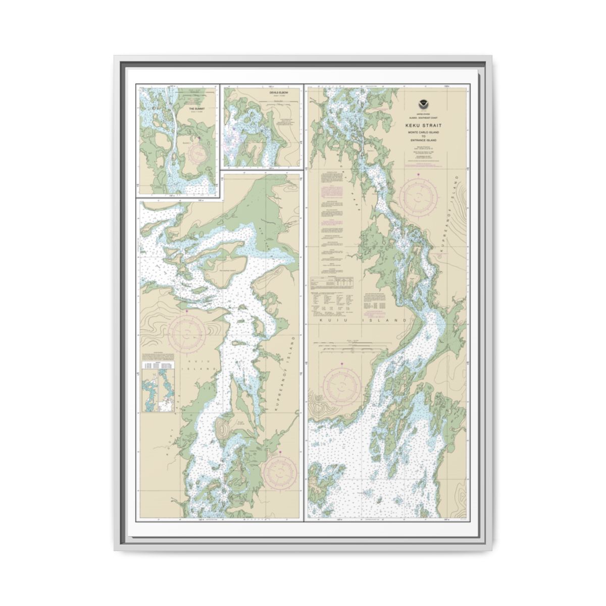Chart 17372 Keku Strait-Monte Carlo Island to Entrance Island;The Summit;Devils Elbow - NOAA Nautical Chart Floating Frame Canvas | 24" x 32" | 30" x 40" - White front