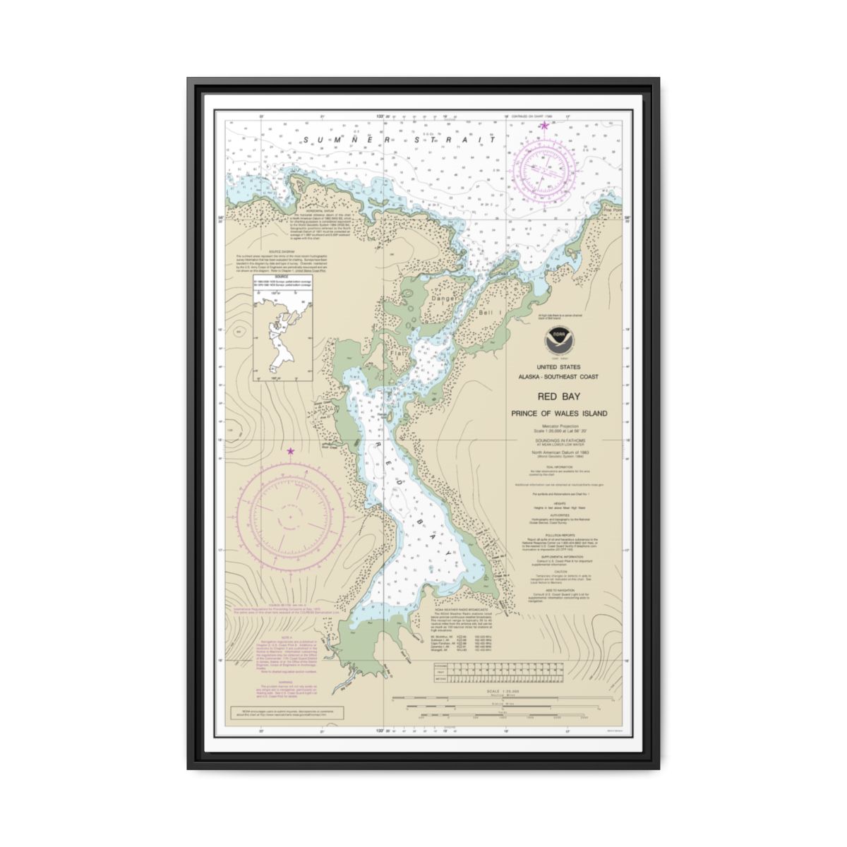 Chart 17381 Red Bay, Prince of Wales Island - NOAA Nautical Chart Floating Frame Canvas | 20" x 30" | 24" x 36" | 32" x 48" - Black front