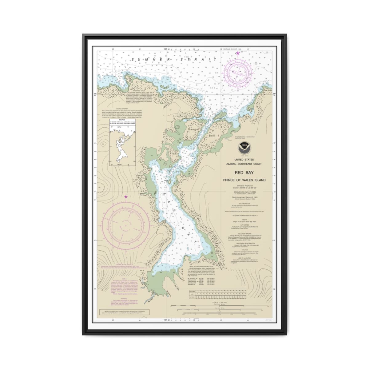 Chart 17381 Red Bay, Prince of Wales Island - NOAA Nautical Chart Floating Frame Canvas | 20" x 30" | 24" x 36" | 32" x 48" - Black front