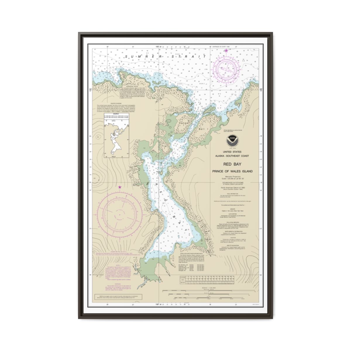 Chart 17381 Red Bay, Prince of Wales Island - NOAA Nautical Chart Floating Frame Canvas | 20" x 30" | 24" x 36" | 32" x 48" - Espresso front