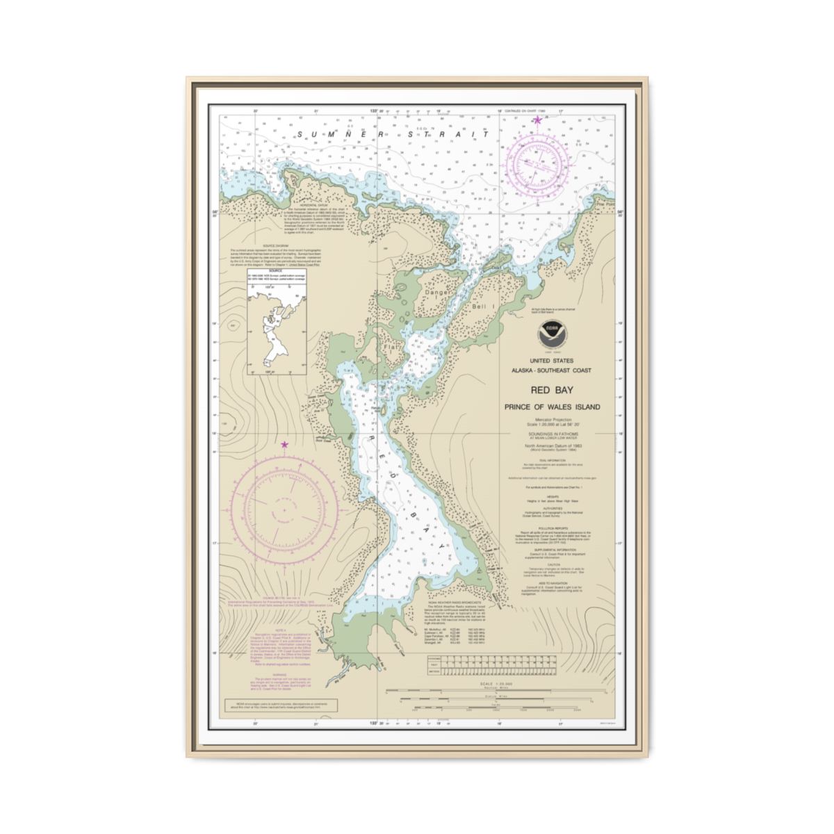 Chart 17381 Red Bay, Prince of Wales Island - NOAA Nautical Chart Floating Frame Canvas | 20" x 30" | 24" x 36" | 32" x 48" - Natural front