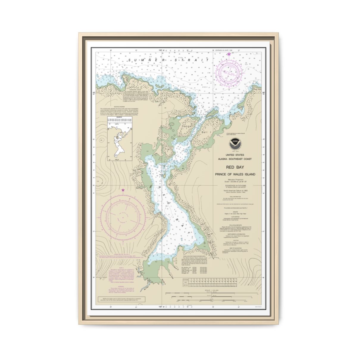 Chart 17381 Red Bay, Prince of Wales Island - NOAA Nautical Chart Floating Frame Canvas | 20" x 30" | 24" x 36" | 32" x 48" - Natural front