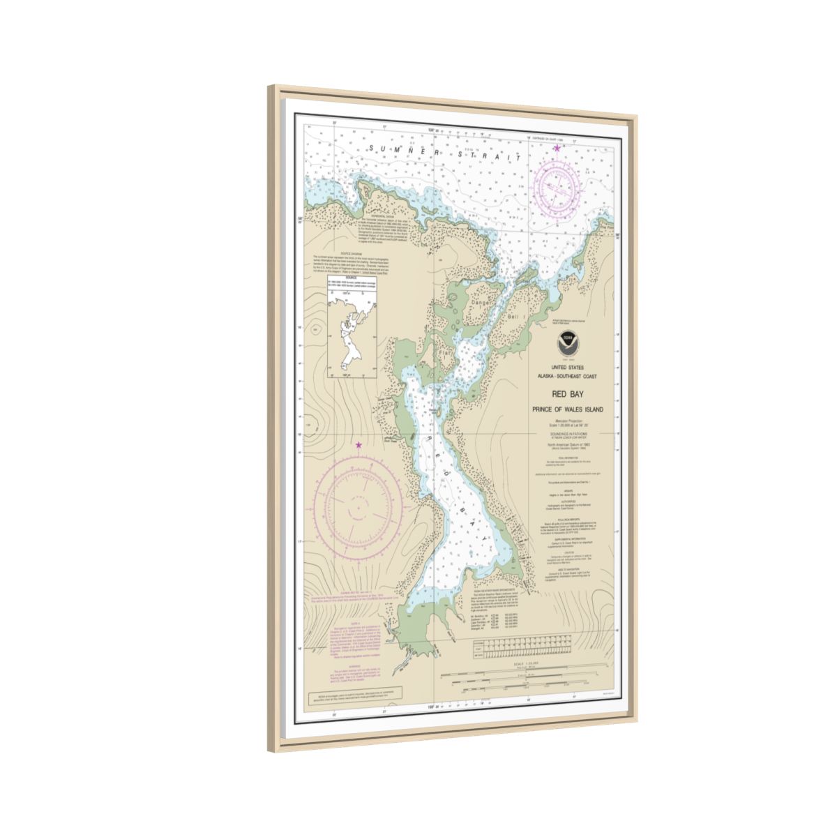 Chart 17381 Red Bay, Prince of Wales Island - NOAA Nautical Chart Floating Frame Canvas | 20" x 30" | 24" x 36" | 32" x 48" - Natural side