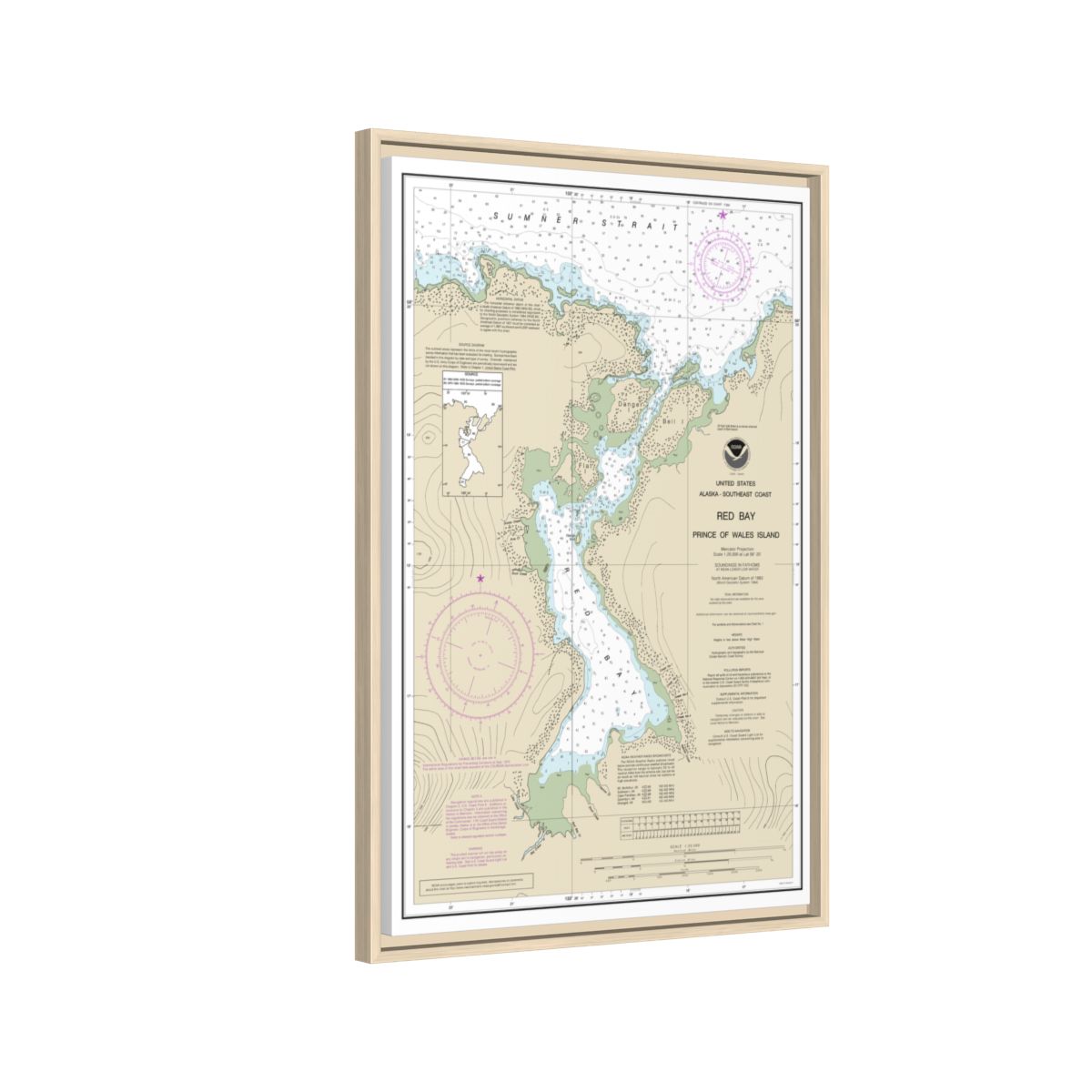 Chart 17381 Red Bay, Prince of Wales Island - NOAA Nautical Chart Floating Frame Canvas | 20" x 30" | 24" x 36" | 32" x 48" - Natural side