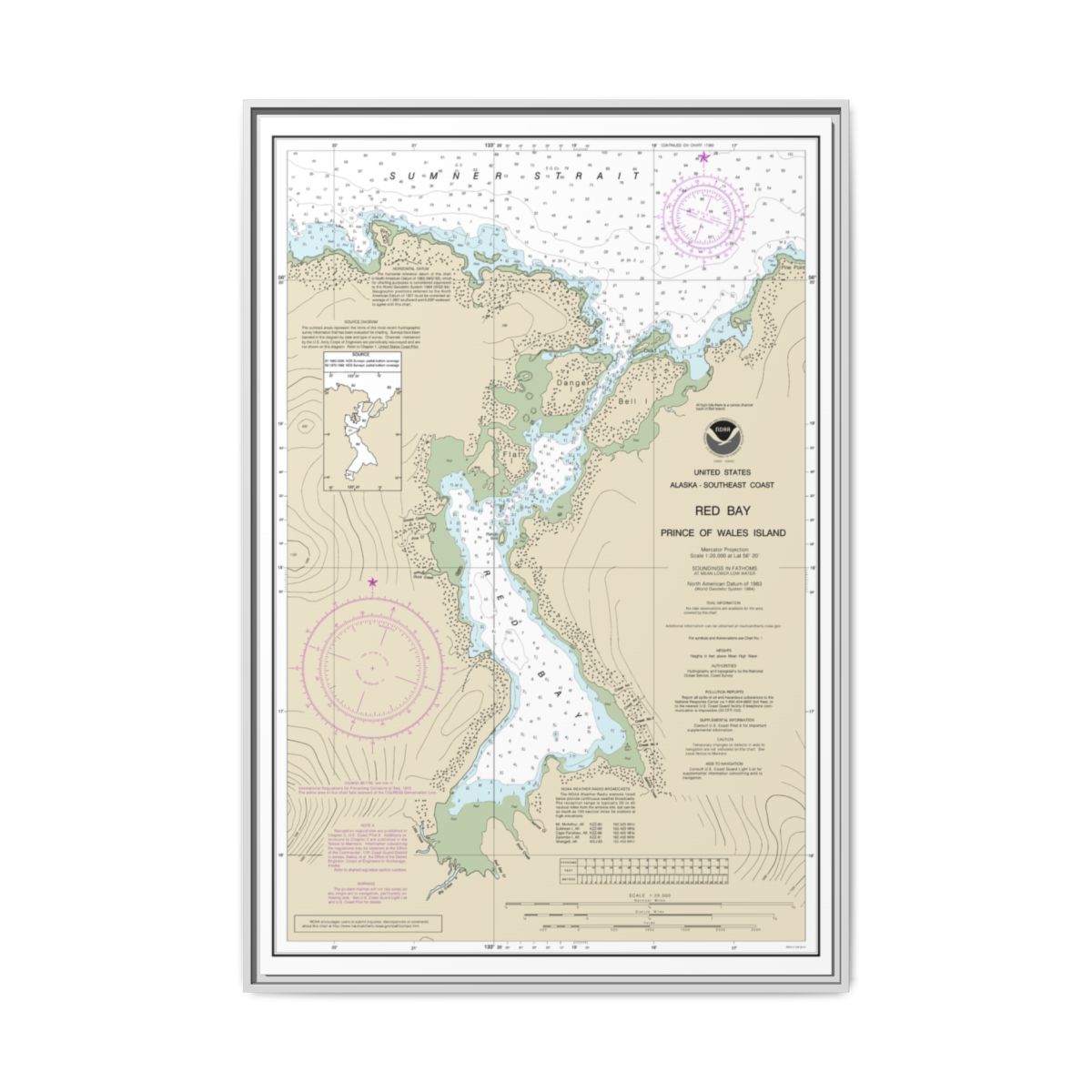 Chart 17381 Red Bay, Prince of Wales Island - NOAA Nautical Chart Floating Frame Canvas | 20" x 30" | 24" x 36" | 32" x 48" - White front