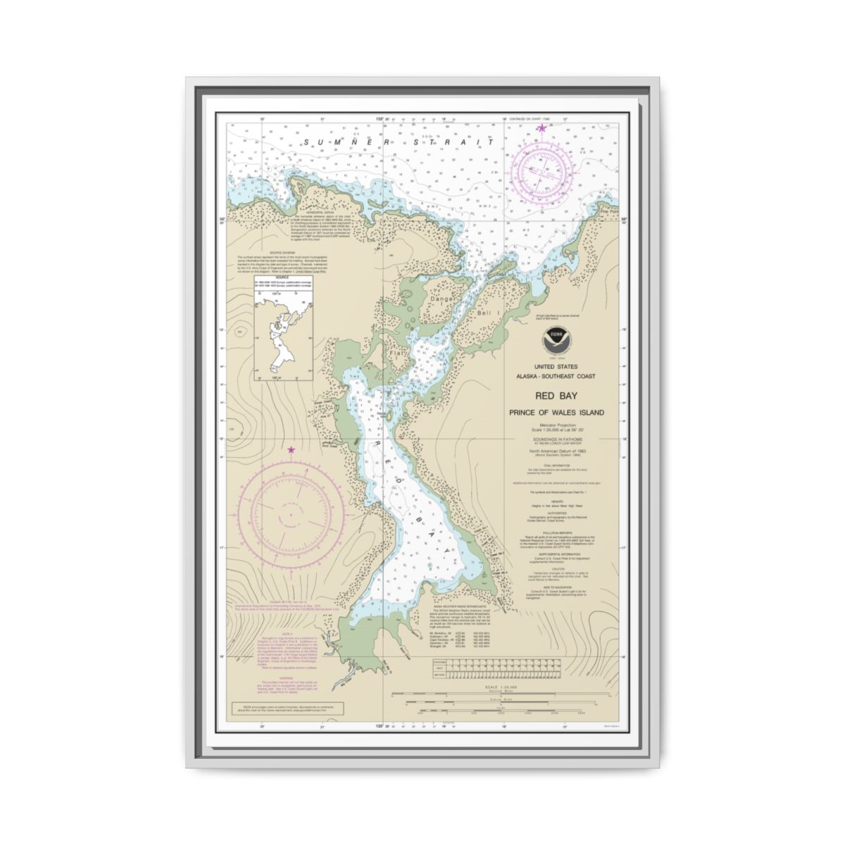 Chart 17381 Red Bay, Prince of Wales Island - NOAA Nautical Chart Floating Frame Canvas | 20" x 30" | 24" x 36" | 32" x 48" - White front