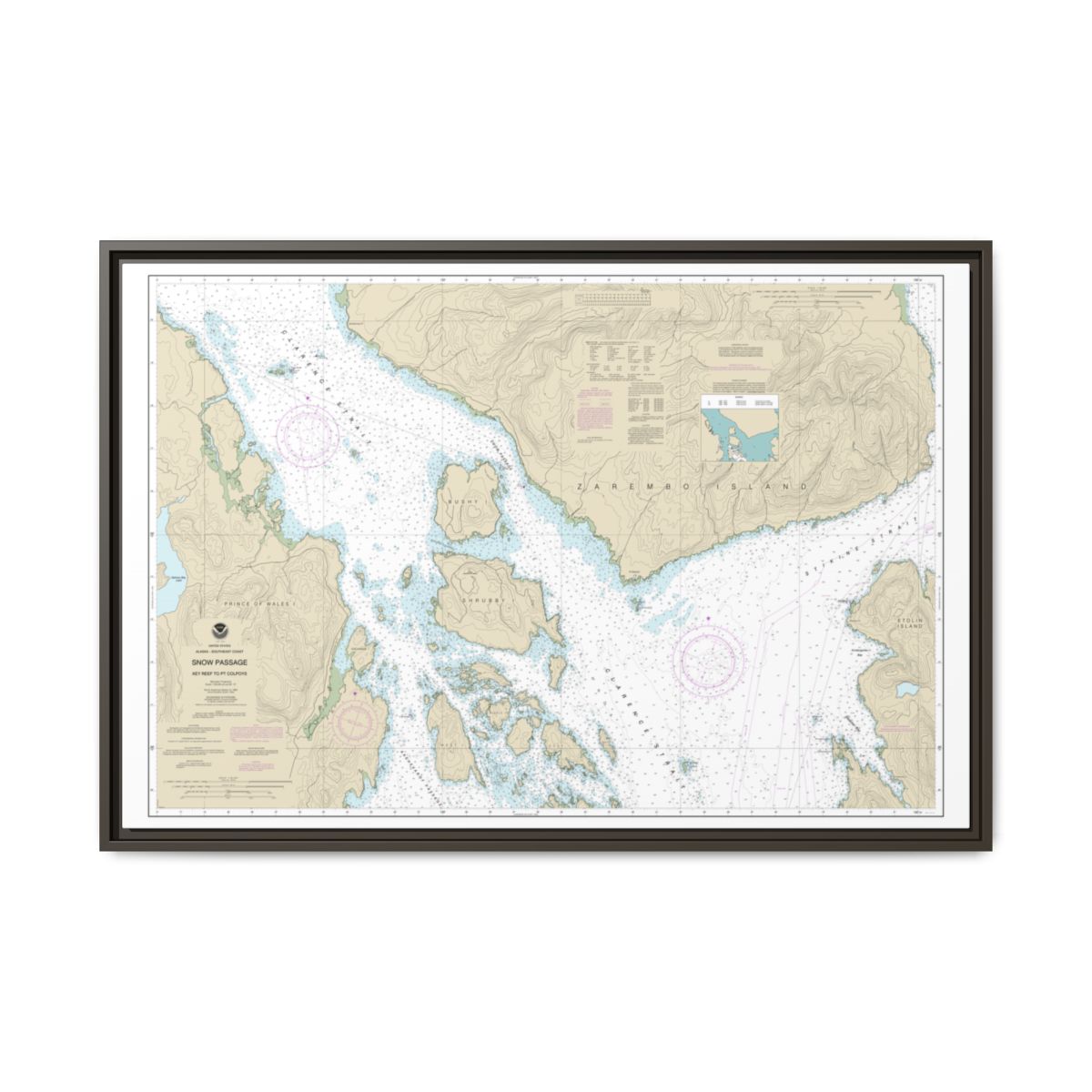 Chart 17383 Snow Passage, Alaska - NOAA Nautical Chart Floating Frame Canvas | 30" x 20" | 36" x 24" | 48" x 32" - Espresso front