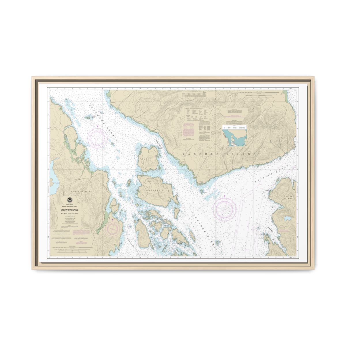 Chart 17383 Snow Passage, Alaska - NOAA Nautical Chart Floating Frame Canvas | 30" x 20" | 36" x 24" | 48" x 32" - Natural front