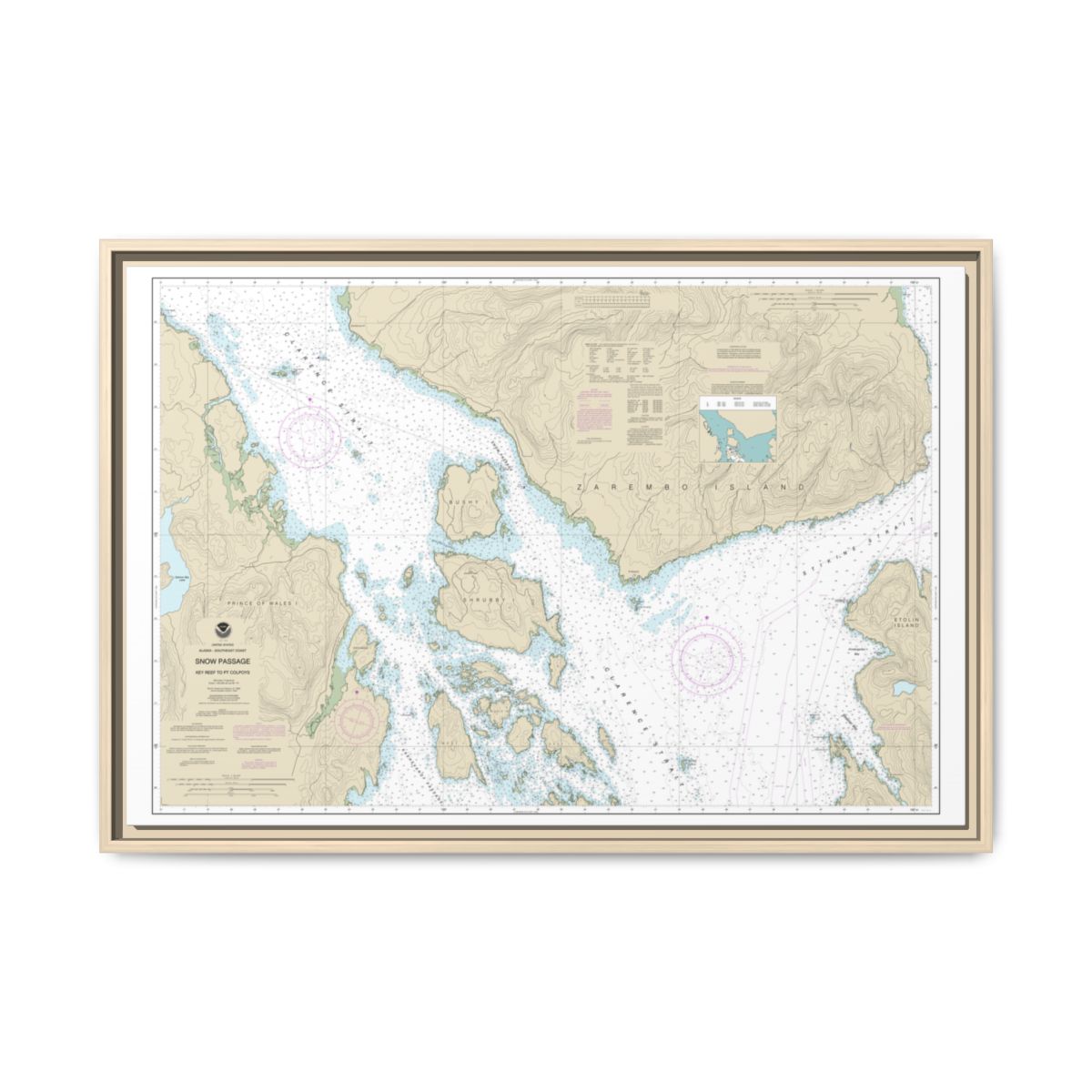 Chart 17383 Snow Passage, Alaska - NOAA Nautical Chart Floating Frame Canvas | 30" x 20" | 36" x 24" | 48" x 32" - Natural front