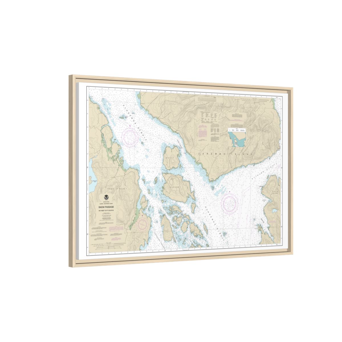 Chart 17383 Snow Passage, Alaska - NOAA Nautical Chart Floating Frame Canvas | 30" x 20" | 36" x 24" | 48" x 32" - Natural side