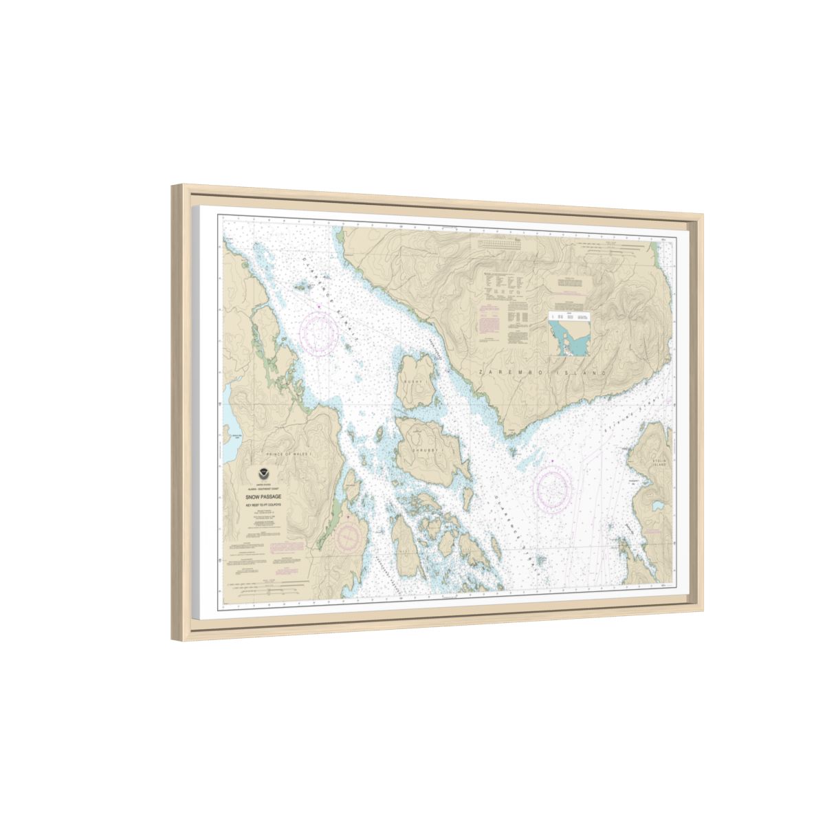 Chart 17383 Snow Passage, Alaska - NOAA Nautical Chart Floating Frame Canvas | 30" x 20" | 36" x 24" | 48" x 32" - Natural side