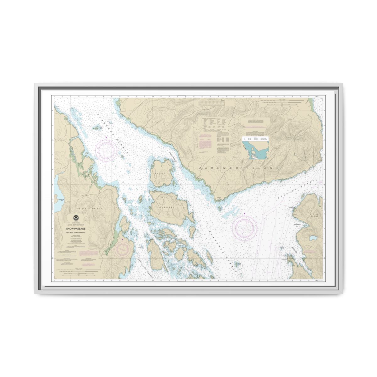 Chart 17383 Snow Passage, Alaska - NOAA Nautical Chart Floating Frame Canvas | 30" x 20" | 36" x 24" | 48" x 32" - White front