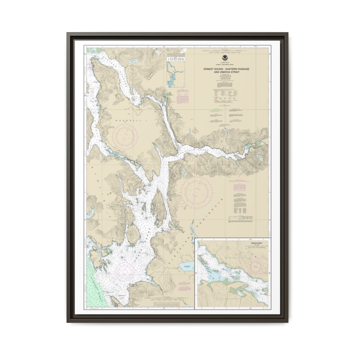 Chart 17385 Ernest Sound-Eastern Passage and Zimovia Strait;Zimovia Strait - NOAA Nautical Chart Floating Frame Canvas | 24" x 32" | 30" x 40" - Espresso front