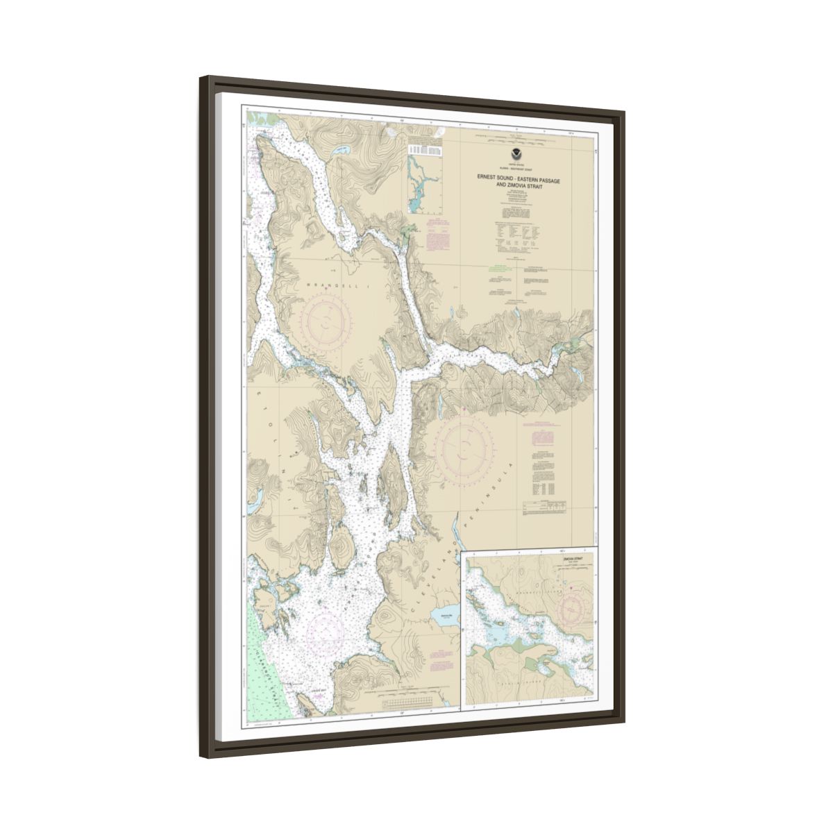 Chart 17385 Ernest Sound-Eastern Passage and Zimovia Strait;Zimovia Strait - NOAA Nautical Chart Floating Frame Canvas | 24" x 32" | 30" x 40" - Espresso side