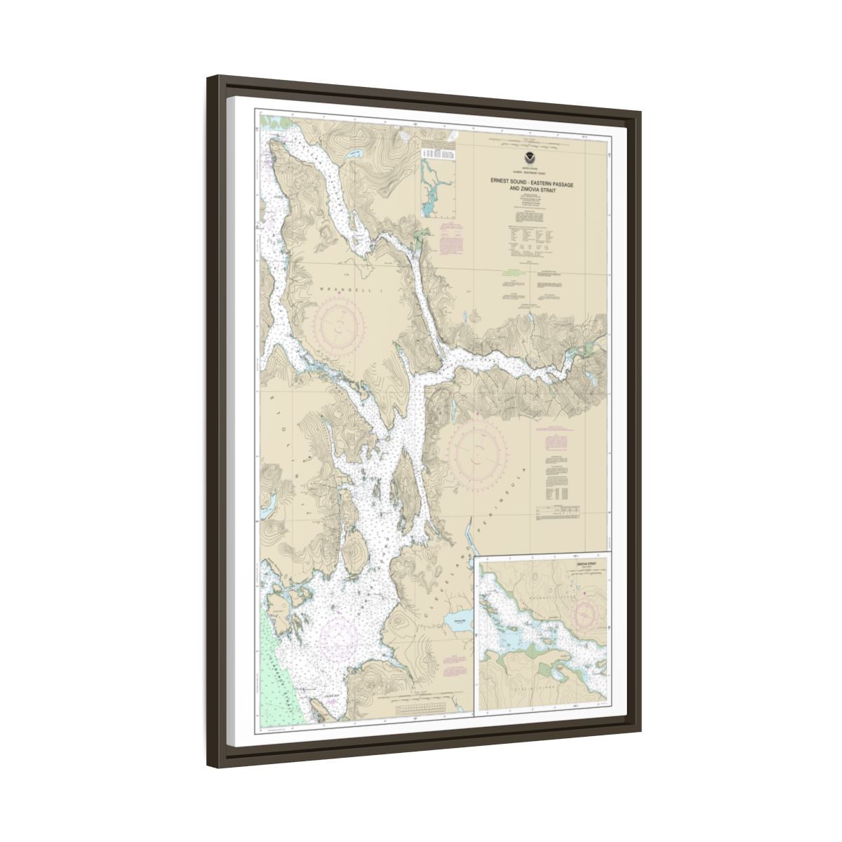 Chart 17385 Ernest Sound-Eastern Passage and Zimovia Strait;Zimovia Strait - NOAA Nautical Chart Floating Frame Canvas | 24" x 32" | 30" x 40" - Espresso side
