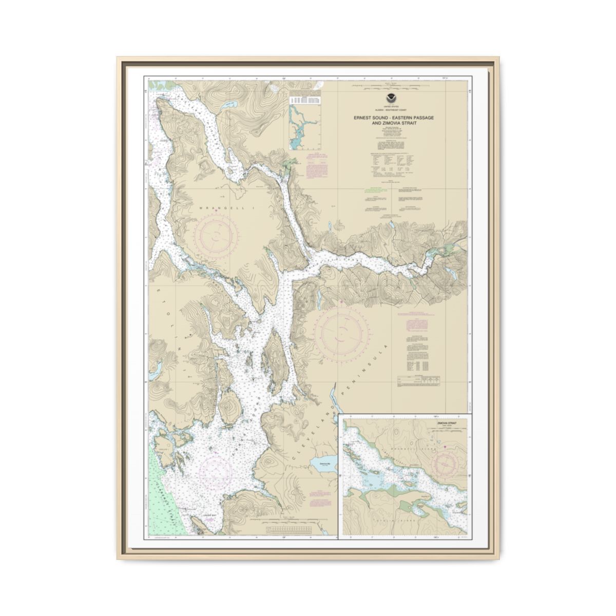 Chart 17385 Ernest Sound-Eastern Passage and Zimovia Strait;Zimovia Strait - NOAA Nautical Chart Floating Frame Canvas | 24" x 32" | 30" x 40" - Natural front