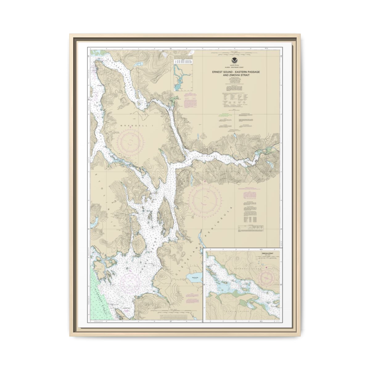Chart 17385 Ernest Sound-Eastern Passage and Zimovia Strait;Zimovia Strait - NOAA Nautical Chart Floating Frame Canvas | 24" x 32" | 30" x 40" - Natural front