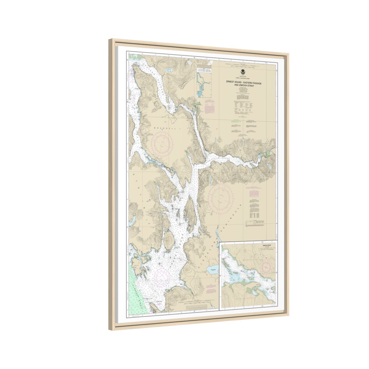 Chart 17385 Ernest Sound-Eastern Passage and Zimovia Strait;Zimovia Strait - NOAA Nautical Chart Floating Frame Canvas | 24" x 32" | 30" x 40" - Natural side