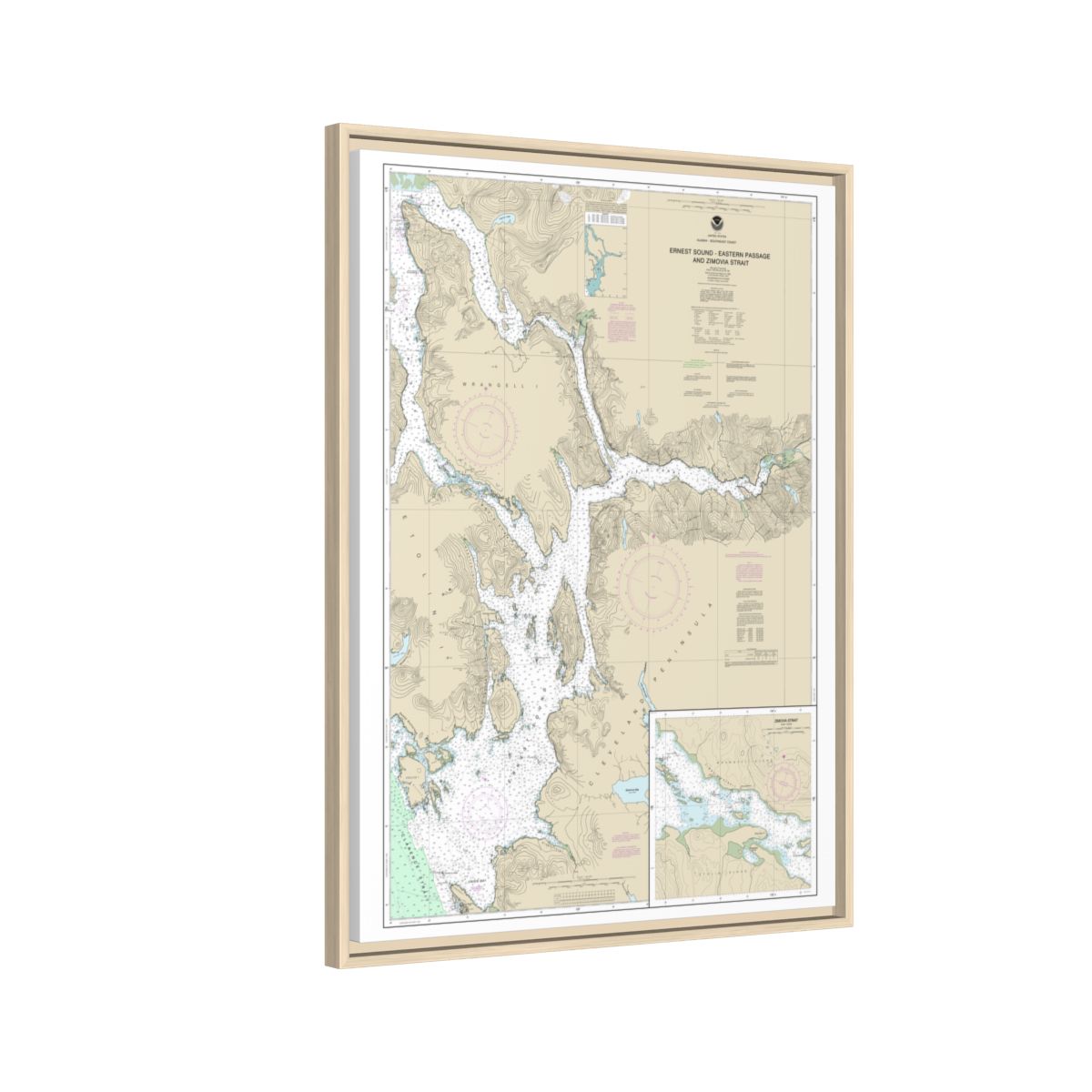 Chart 17385 Ernest Sound-Eastern Passage and Zimovia Strait;Zimovia Strait - NOAA Nautical Chart Floating Frame Canvas | 24" x 32" | 30" x 40" - Natural side