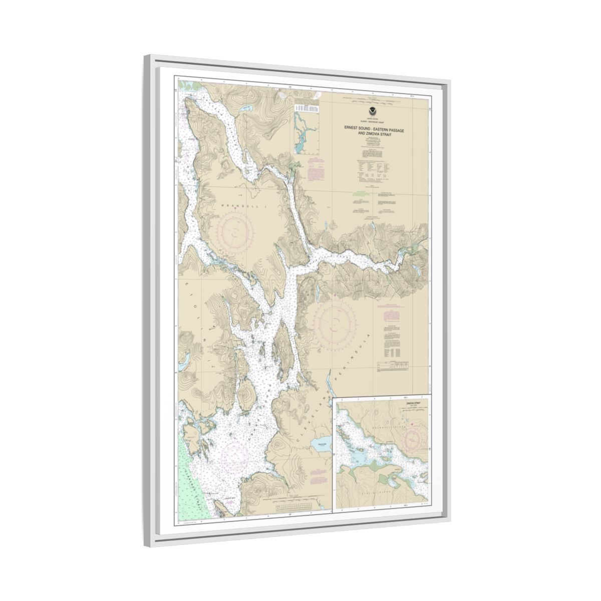 Chart 17385 Ernest Sound-Eastern Passage and Zimovia Strait;Zimovia Strait - NOAA Nautical Chart Floating Frame Canvas | 24" x 32" | 30" x 40" - White side