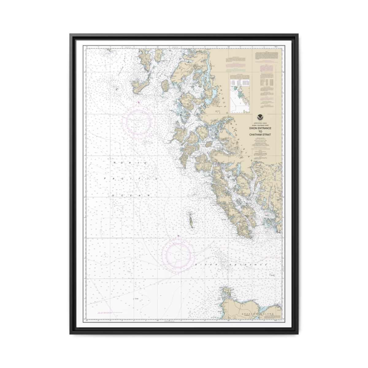 Chart 17400 Dixon Entrance to Chatham Strait - NOAA Nautical Chart Floating Frame Canvas | 24" x 32" | 30" x 40" - Black front