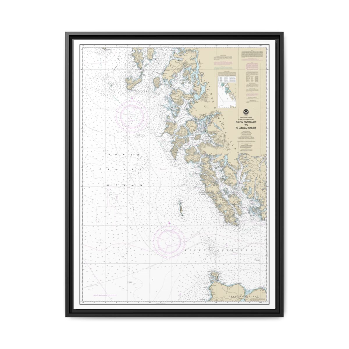 Chart 17400 Dixon Entrance to Chatham Strait - NOAA Nautical Chart Floating Frame Canvas | 24" x 32" | 30" x 40" - Black front
