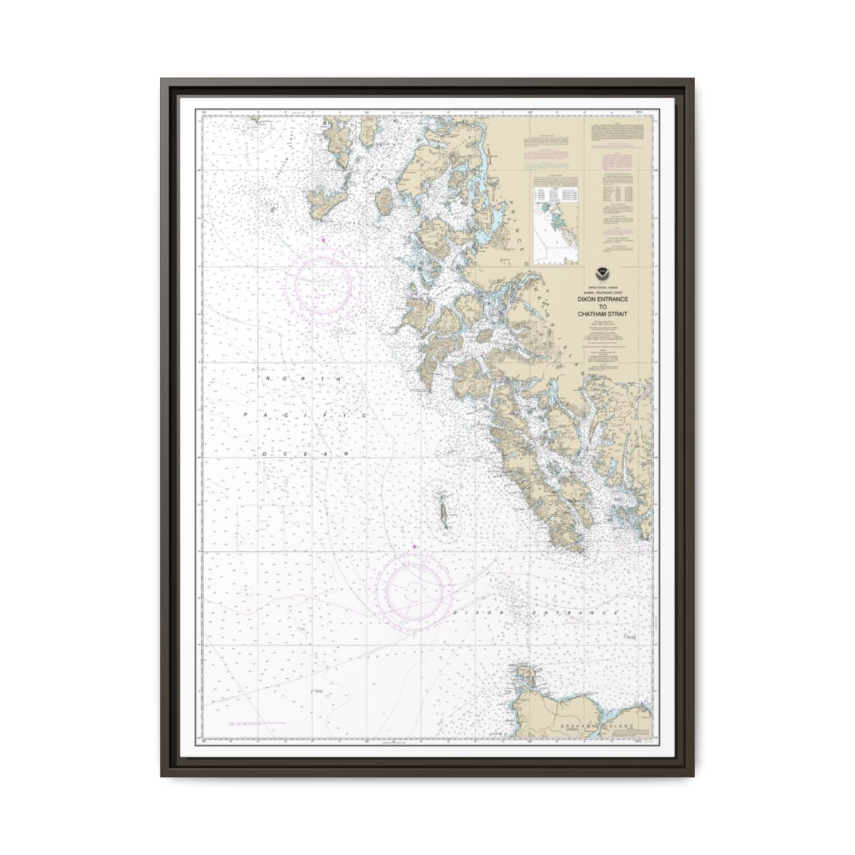 Chart 17400 Dixon Entrance to Chatham Strait - NOAA Nautical Chart Floating Frame Canvas | 24" x 32" | 30" x 40" - Espresso front