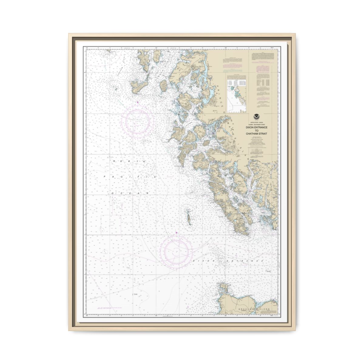 Chart 17400 Dixon Entrance to Chatham Strait - NOAA Nautical Chart Floating Frame Canvas | 24" x 32" | 30" x 40" - Natural front
